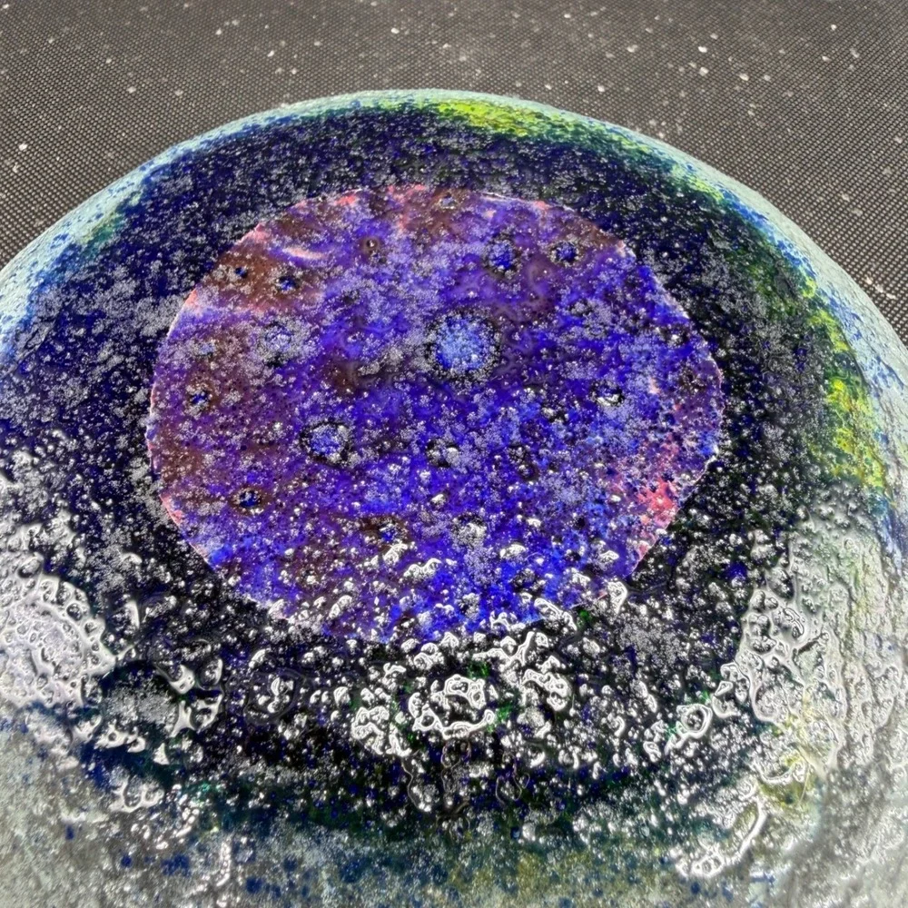 Handmade Fused Glass Bowl Dish Blue Yellow Green Celestial Art Glass Catchall